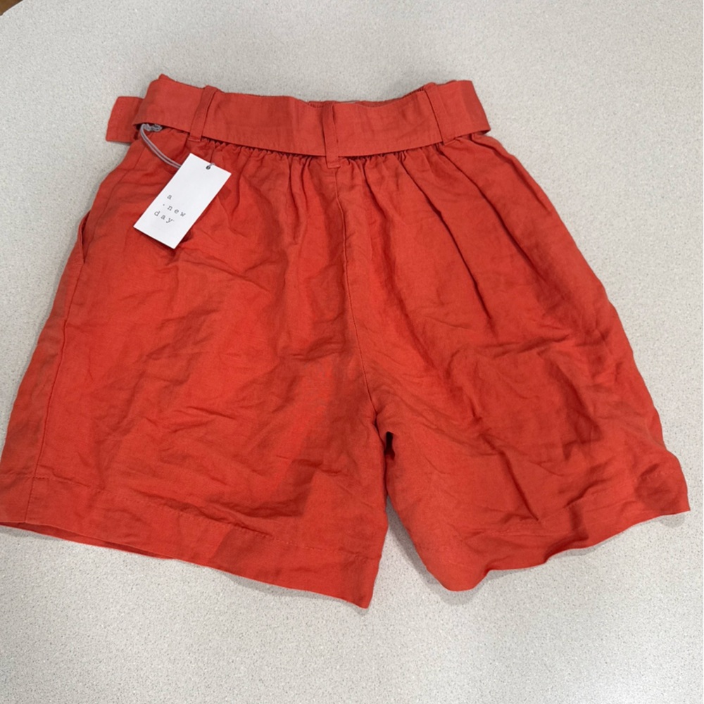 a new day Women's High Waist Orange Shorts with Buckle Linen Blend - Picture 6 of 8